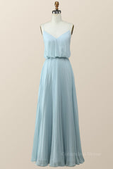 Party Dresses Short Tight, Straps Blue Pleated Full Length Dress