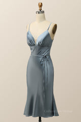 Bridesmaid Dresses Colors, Straps Blue Satin Midi Bridesmaid Dress