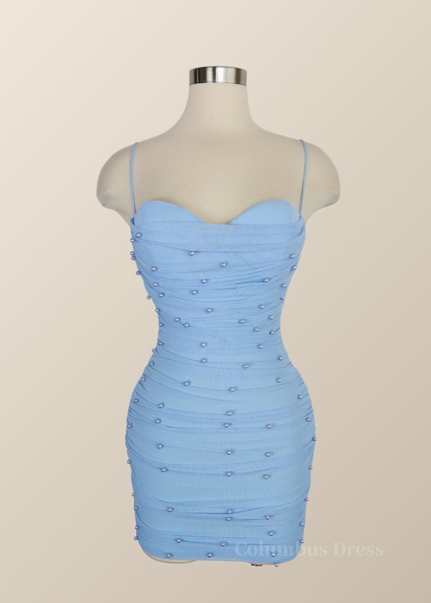 Formal Dresses Long Elegant Evening Gowns, Straps Blue Tight Mini Dress with Pearls