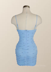 Formal Dresses Off The Shoulder, Straps Blue Tight Mini Dress with Pearls
