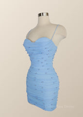Formal Dresses Corset, Straps Blue Tight Mini Dress with Pearls