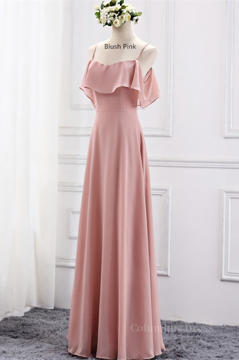 Prom Dress For Short Girl, Straps Blush Pink Chiffon Long Bridesmaid Dress