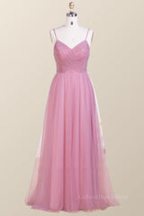 Formal Dresses Graduation, Straps Blush Pink Pleated Tulle Long Bridesmaid Dress