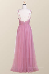 Formal Dresses And Evening Gowns, Straps Blush Pink Pleated Tulle Long Bridesmaid Dress