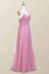 Formal Dresses Classy Elegant, Straps Blush Pink Pleated Tulle Long Bridesmaid Dress
