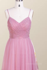 Formal Dress Classy Elegant, Straps Blush Pink Pleated Tulle Long Bridesmaid Dress