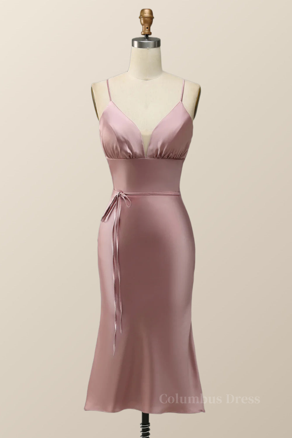 Homecoming Dress Online, Straps Blush Pink Satin Midi Bridesmaid Dress