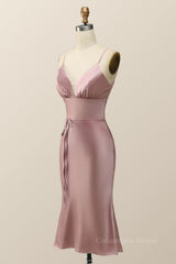 Homecoming Dresses 2025, Straps Blush Pink Satin Midi Bridesmaid Dress