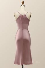 Homecoming Dress Elegant, Straps Blush Pink Satin Midi Bridesmaid Dress
