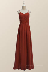 Prom Dress Black, Straps Burnt Orange Chiffon A-line Long Bridesmaid Dress