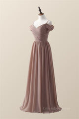 Prom Dresses Affordable, Straps Champagne Pleated Chiffon Long Bridesmaid Dress