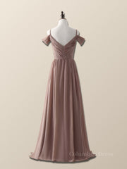 Prom Dress Affordable, Straps Champagne Pleated Chiffon Long Bridesmaid Dress