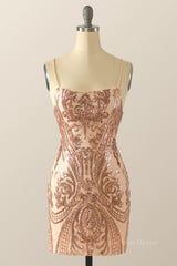 Gala Dress, Straps Champagne Sequin Pattern Bodycon Mini Dress