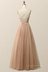Prom Dresses Gold, Straps Champagne Tulle A-line Formal Dress
