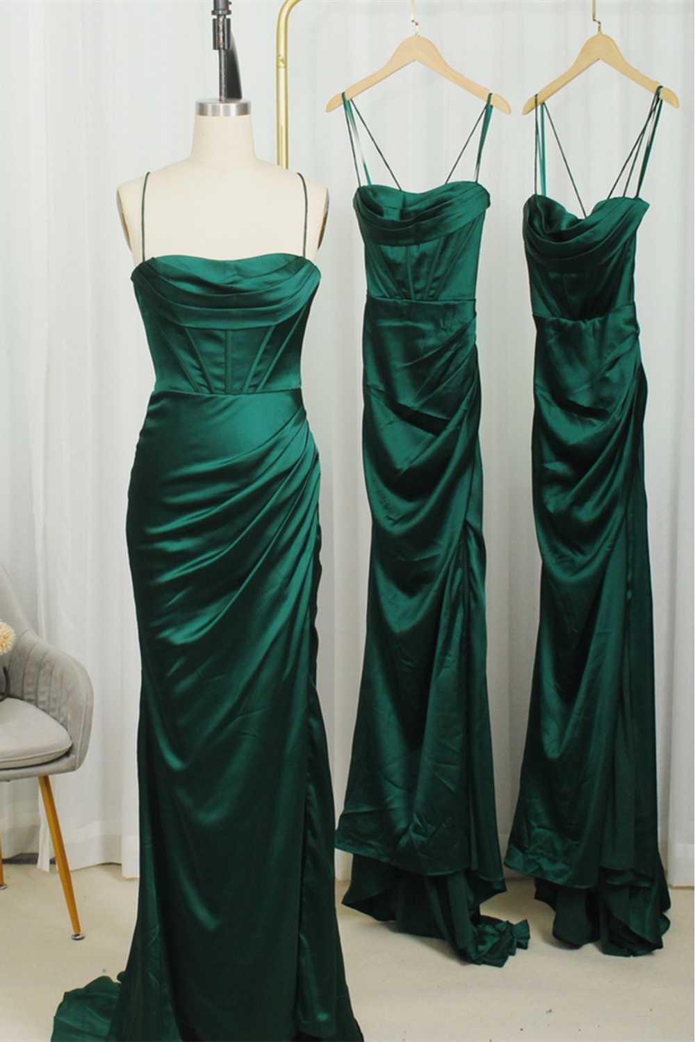 Homecoming Dresses 2034, Straps Dark Green Mermaid Long Bridesmaid Dress,Modest Satin Formal Dresses