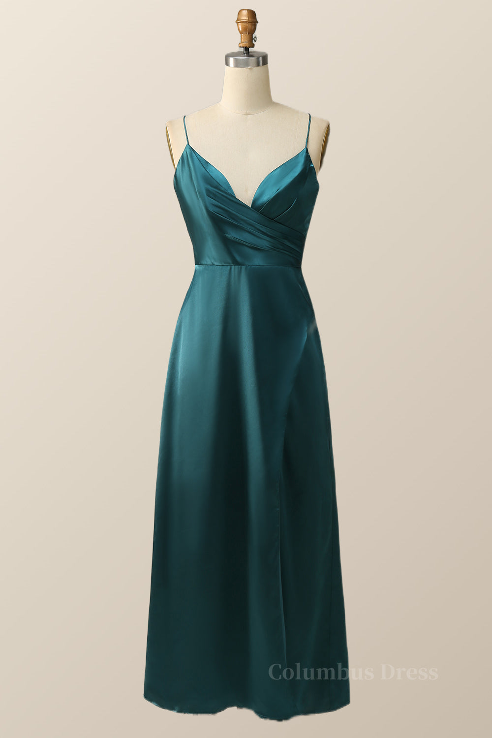Prom Dresses2027, Straps Dark Green Satin Pleated Long Bridesmaid Dress