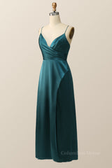 Prom Dresse 2027, Straps Dark Green Satin Pleated Long Bridesmaid Dress