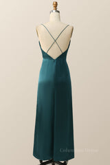 Prom Dresses For Sale, Straps Dark Green Satin Pleated Long Bridesmaid Dress