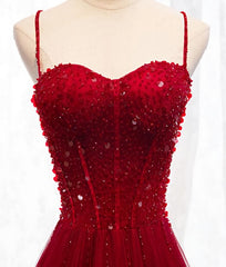 Homecoming Dresses Styles, Straps Dark Red Beaded Sweetheart Long Formal Dress, Junior Prom Dress