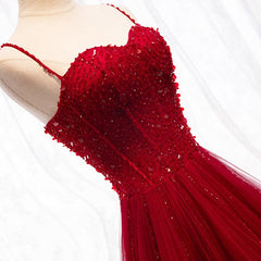Homecoming Dress Styles, Straps Dark Red Beaded Sweetheart Long Formal Dress, Junior Prom Dress