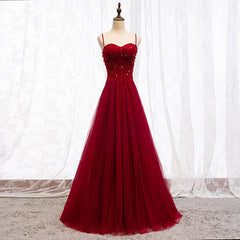 Homecoming Dresses Freshman, Straps Dark Red Beaded Sweetheart Long Formal Dress, Junior Prom Dress