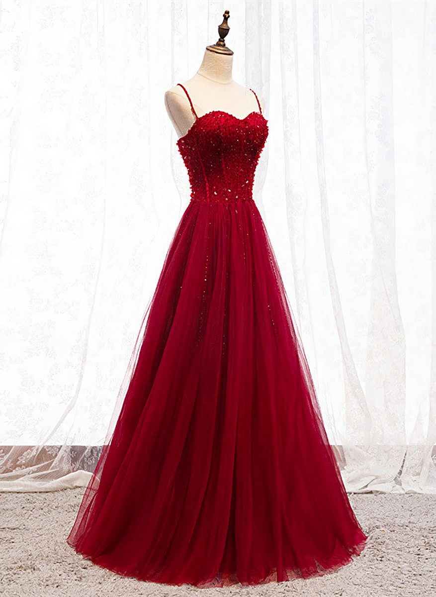 Homecoming Dresses Style, Straps Dark Red Beaded Sweetheart Long Formal Dress, Junior Prom Dress
