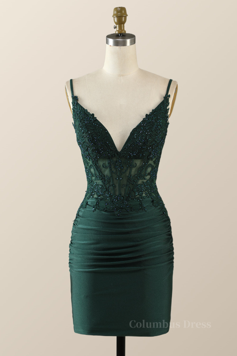 Prom Dress Lace, Straps Emerald Green Appliques Bodycon Mini Dress