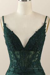 Prom Dress Long Beautiful, Straps Emerald Green Appliques Bodycon Mini Dress