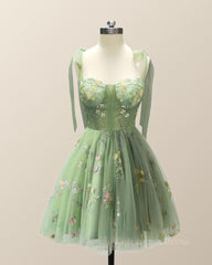 Prom Dresses Classy, Straps Green Floral Short Princess Dress