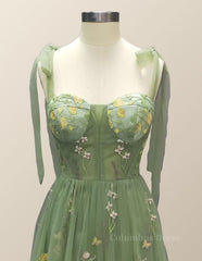 Prom Dress 2029, Straps Green Floral Short Princess Dress