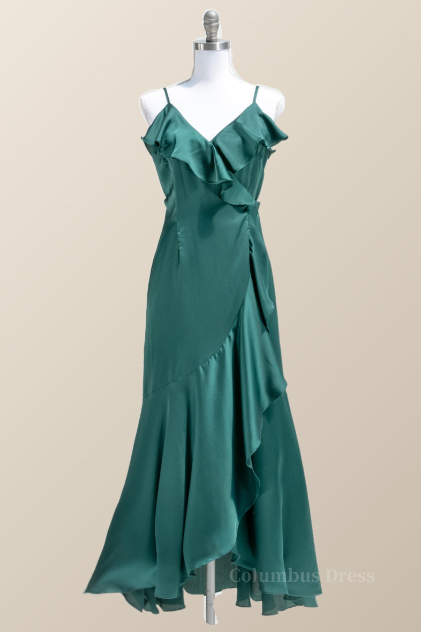 Formal Dresses Ballgown, Straps Green Ruffles Wrap Midi Party Dress