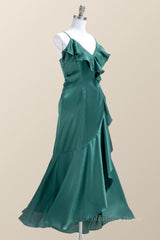 Formal Dress Ballgown, Straps Green Ruffles Wrap Midi Party Dress