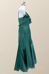 Formal Dress Party Wear, Straps Green Ruffles Wrap Midi Party Dress