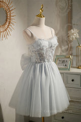 Prom Dress 2024, Straps Grey Tulle Beaded Short Homecoming Dress