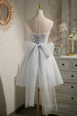 Prom Dresses2024, Straps Grey Tulle Beaded Short Homecoming Dress