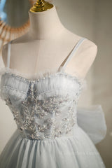 Prom Dresses Princesses, Straps Grey Tulle Beaded Short Homecoming Dress