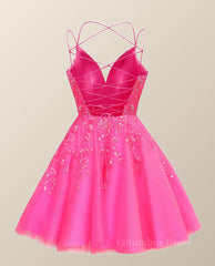 Prom Dresses Designers, Straps Hot Pink Sequin A-line Short Dress