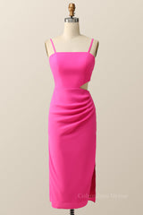 Mini Dress, Straps Hot Pink Tight Draped Midi Dress with Keyhole