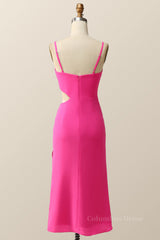 Black Wedding Dress, Straps Hot Pink Tight Draped Midi Dress with Keyhole
