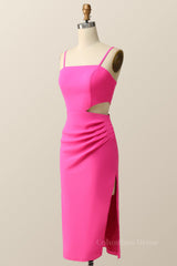 Blue Prom Dress, Straps Hot Pink Tight Draped Midi Dress with Keyhole