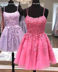 Prom Dresses On Sale, Straps Lace Applique Blue Homecoming Dress,Fuchsia Cocktail Dresses