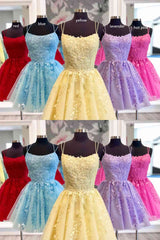 Prom Dress Inspiration, Straps Lace Applique Blue Homecoming Dress,Fuchsia Cocktail Dresses