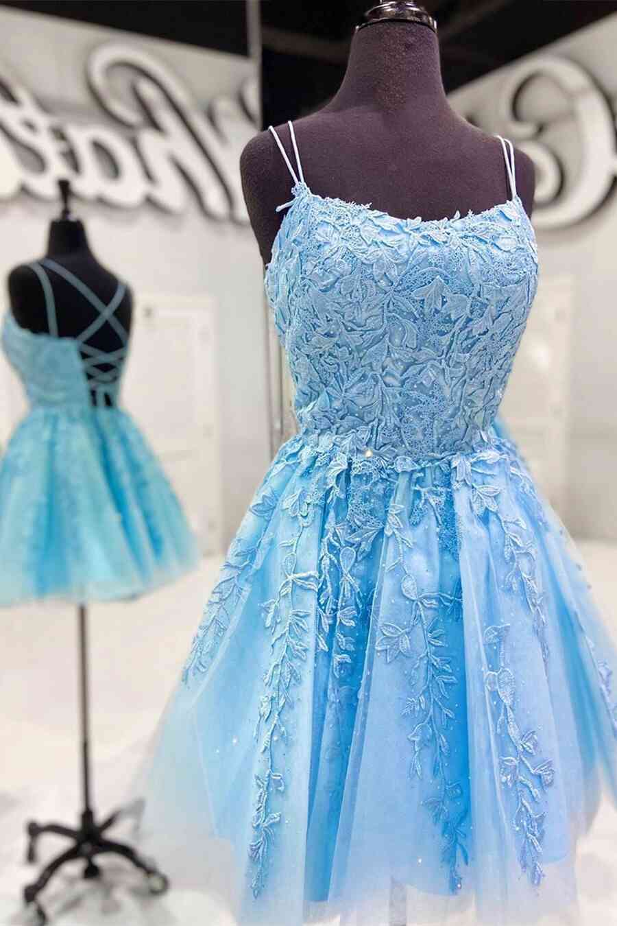 Prom Dresses Styles, Straps Lace Applique Blue Homecoming Dress,Fuchsia Cocktail Dresses