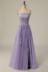Bridesmaids Dresses Colors, Straps Lavender Appliuqes A-line Long Formal Dress with Slit