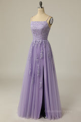 Bridesmaids Dresses Color, Straps Lavender Appliuqes A-line Long Formal Dress with Slit
