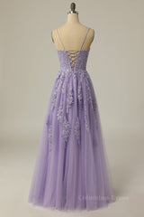 Bridesmaide Dress Colors, Straps Lavender Appliuqes A-line Long Formal Dress with Slit