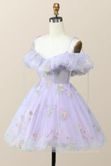 Bridesmaids Dress Peach, Straps Lavender Floral A-line Short Homecoming Dress