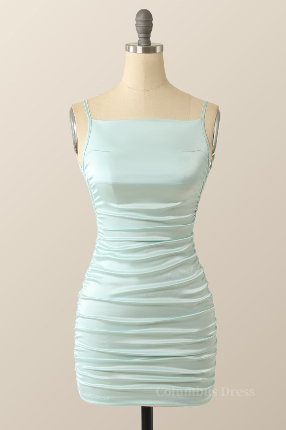 Homecoming Dressed Short, Straps Light Blue Ruched Tight Mini Dress