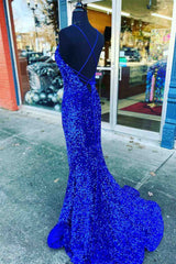 Wedding Photography, Straps Mermaid Royal Blue Sequins Long Prom Dress with Slit