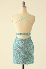 Party Dresses Sales, Straps Mint Green Sequin Tight Mini Dress